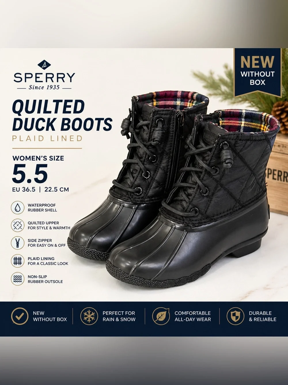Sperry Women’s 5.5 Black Quilted Duck Boots Plaid Lined NEW Without Box